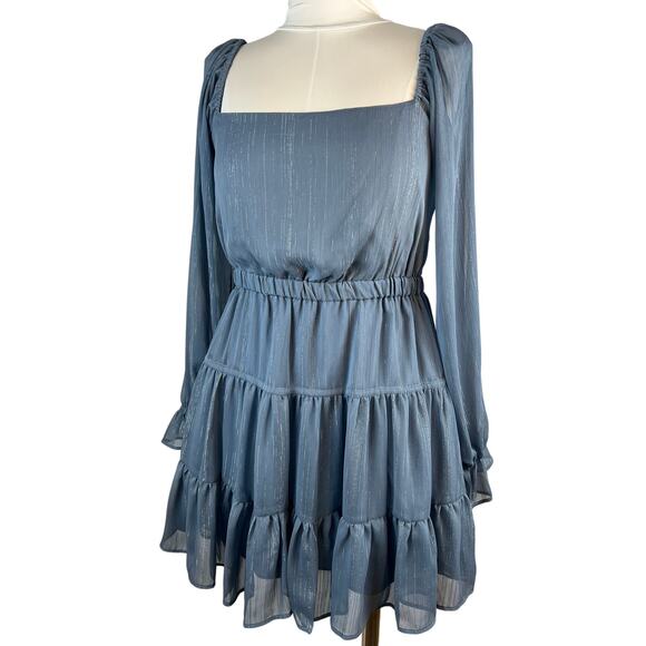 WAYF Dresses & Skirts - WAYF Dakota Metallic Blue Cutout Tiered Mini Dress Size M Long Sleeve